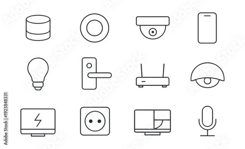 Collection of smart home technology icons including security, connectivity, and automation devices
