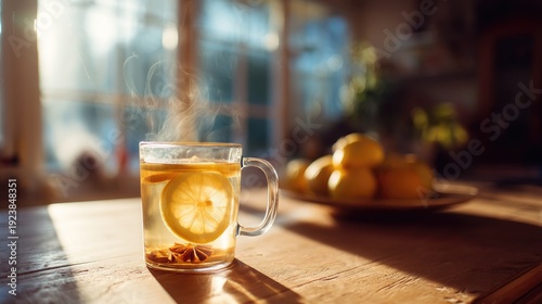 Hot herbal tea with lemon slices in a glass cup on a wooden table in a cozy kitchen with sunlight streaming through the window, creating a warm atmosphere