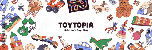 Banner design with border from child toys. Advertising template with frame from cute dolls, teddy bears, kids' cars and board games. Children's store promotion layout. Flat vector illustration.
