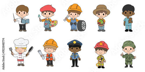 Cute kids in various jobs set. Smiling little boys and girls in uniform with professional equipment colorful, Career, occupation, work, for labor day, may day, vector illustrations