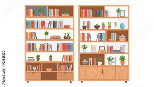 Wooden Bookshelves Collection with Books and Plants Home Library Furniture Vector Set