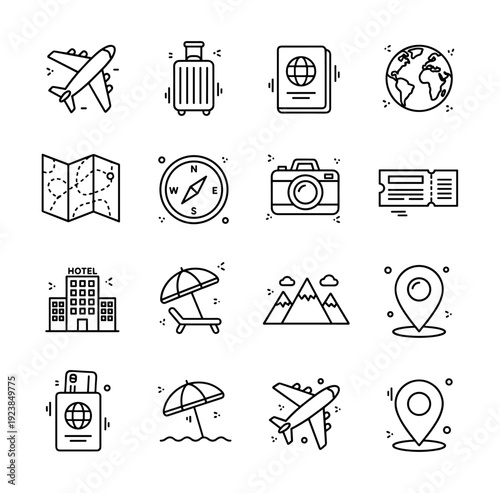 Collection of travel and vacation icons in a simple line art style