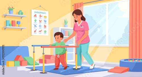 Therapist assists child with walking in physical therapy.