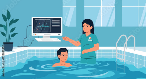 Therapist guiding patient in aquatic therapy for rehabilitation.