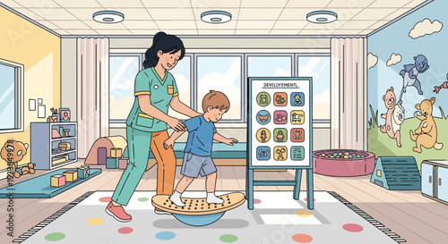 Therapist assists young child with balance exercise on wobble board.