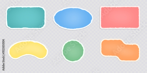 Stickers, labels, decals, banners with torn paper edges on a transparent background. Vector illustrations.