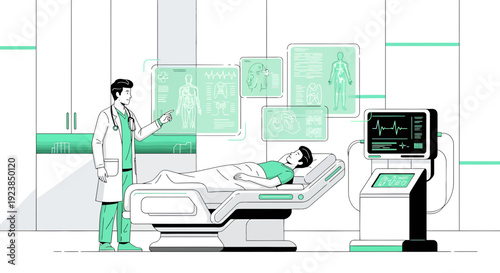Doctor and patient in futuristic medical examination room.