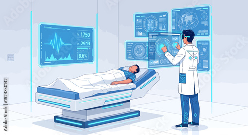 Doctor analyzing patient data with advanced medical technology.