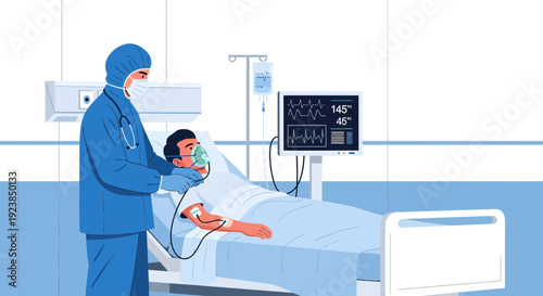 Doctor attending to a patient in a hospital bed with medical equipment.