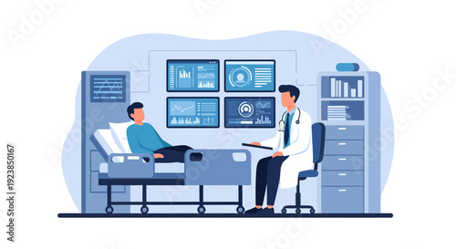 Doctor consulting patient in hospital room with medical data screens.