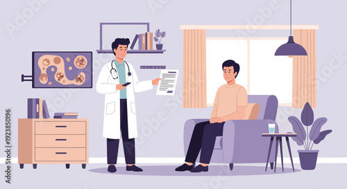 Doctor consulting with male patient in a medical office.