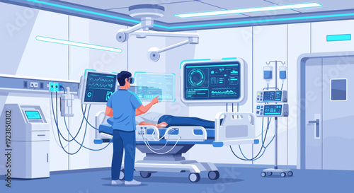 Doctor using virtual reality for patient examination in hospital room.