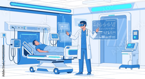 Doctor using VR headset to monitor patient in hospital room.