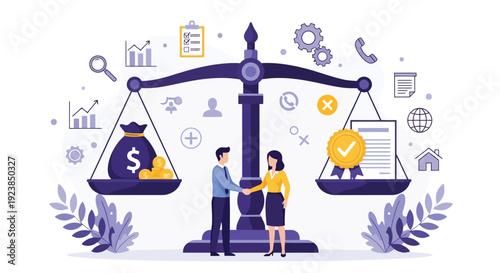 Businesspeople Handshake on Scales Balancing Money and Agreement