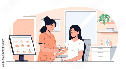 Female doctor giving vaccine injection to young woman patient.