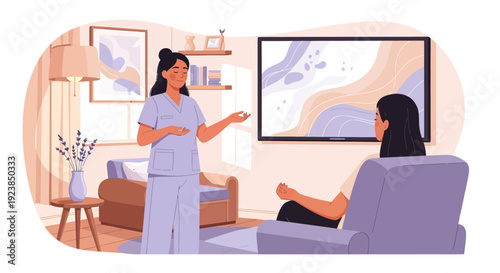 Female doctor explaining medical condition to patient in a home setting.