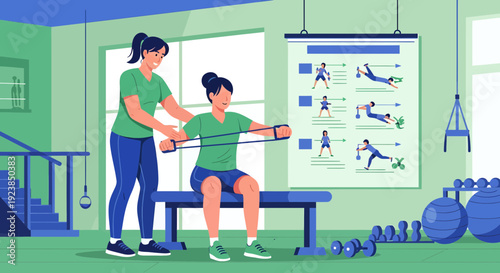 Female physical therapist assists woman with resistance band exercise.