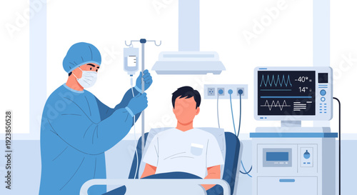 Medical professional attending to a patient in a hospital bed.