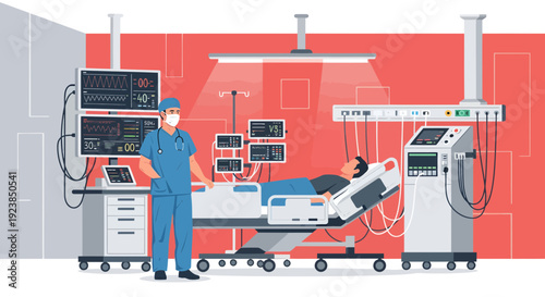 Medical professional attending to patient in hospital bed with advanced monitoring equipment.