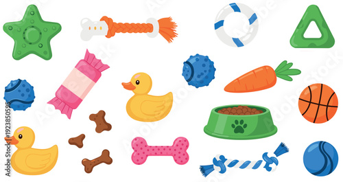 Pet toys and accessories collection with balls bones duck bowl carrot vector illustration set