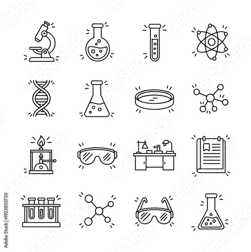 Collection of science and laboratory icons in a clean, minimalist line art style