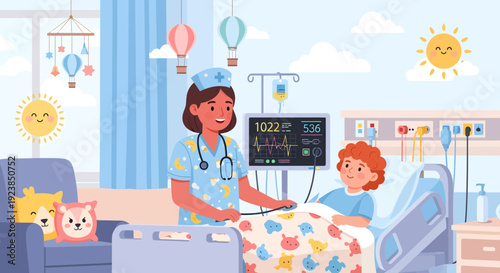 Nurse caring for a child in a hospital bed with medical equipment.