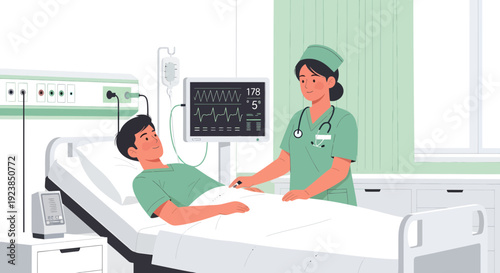 Nurse checking on male patient in hospital bed.