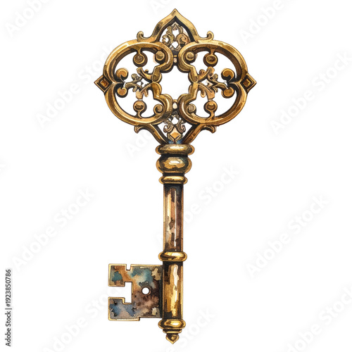 Ornate, vintage key with intricate details, aged appearance, isolated on a black background