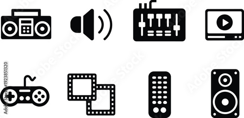 Multimedia icons set with boombox, speaker, audio mixer, video player, game controller, film frames, remote control, entertainment technology illustration design