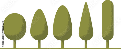 Set of stylized green topiary trees in various shapes, minimal landscape design elements isolated on white