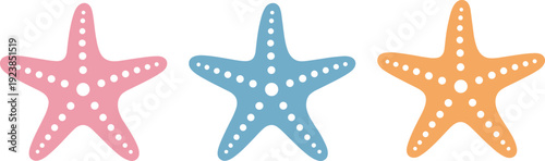 Colorful starfish collection with decorative dot patterns, pink blue and orange sea stars isolated on white background, marine life illustration set