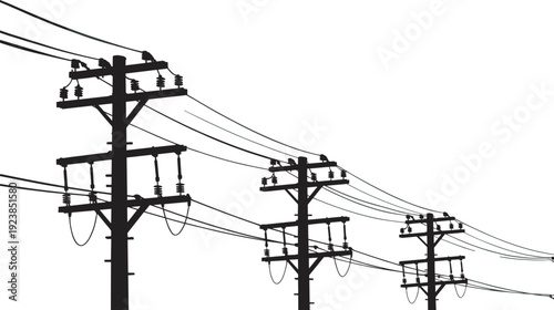 Silhouette electric utility poles with power lines, detailed electrical transmission infrastructure illustration on white background