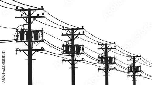Silhouette electric utility poles with power lines, detailed electrical transmission infrastructure illustration on white background