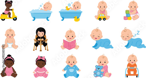 Cute Baby Activities Cartoon Vector Set Featuring Bath Time, Crawling, Reading, Playing, and Sitting Infants