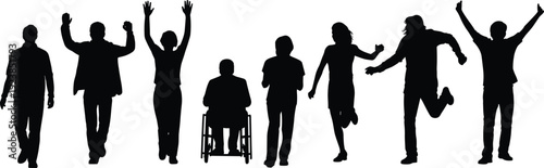 Diverse people silhouettes celebrating inclusion and equality with wheelchair user, happy raised arms, unity, disability awareness, community diversity concept isolated on white background