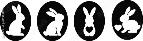 Easter bunny silhouettes in oval frames with heart shape, cute rabbit collection, spring holiday decoration icons isolated on white background illustration set