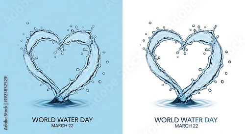 World water day minimalist posters with heart shaped water flow on blue and white backgrounds
