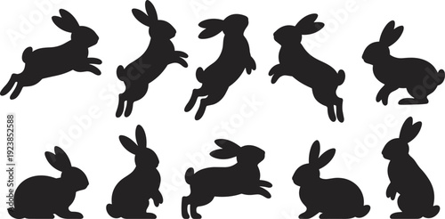 Rabbit Silhouette Set with Jumping and Sitting Bunny Poses Black Animal Vector Illustration Collection Isolated on White Background