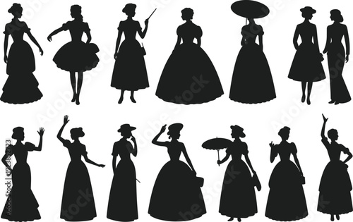 Victorian Era Women Silhouettes Collection Featuring Elegant 19th Century Dresses, Parasols and Vintage Fashion Poses Isolated on Light Background for Design Use