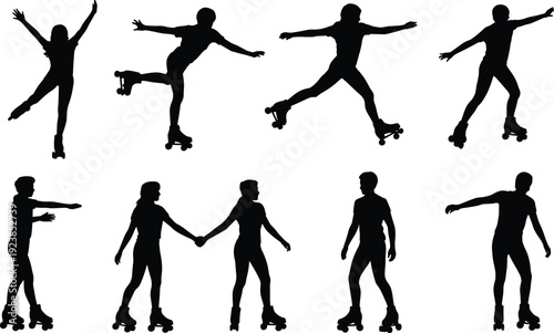 Roller Skating Silhouettes Collection Featuring Dynamic Male and Female Skaters in Action Poses Retro Sport Illustration Set Isolated on White Background