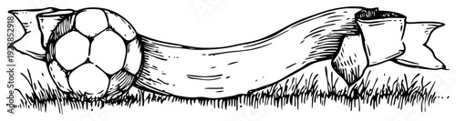 Soccer ball in the grass with a long flowing blank banner in hand drawn doodle style