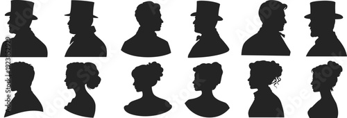 Victorian Men and Women Profile Silhouettes with Top Hats and Classic 19th Century Hairstyles Vintage Portrait Illustration Collection Isolated on White Background