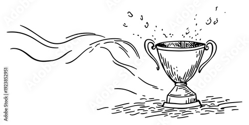 Winner trophy cup with liquid splashes and motion lines in hand drawn sketch style