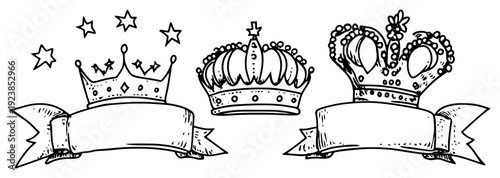 Set of royal crowns with blank ribbons and stars in hand drawn doodle style