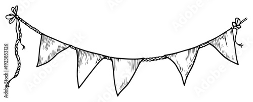 Hand drawn doodle of a bunting garland with triangular flags hanging on a rope