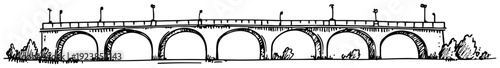 Hand drawn doodle sketch of a long stone bridge with multiple arches