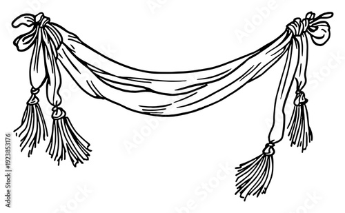 Hand drawn sketch of a decorative draped fabric banner with elegant tassels