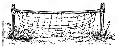 Hand drawn illustration of a soccer ball resting near a goal net in the grass