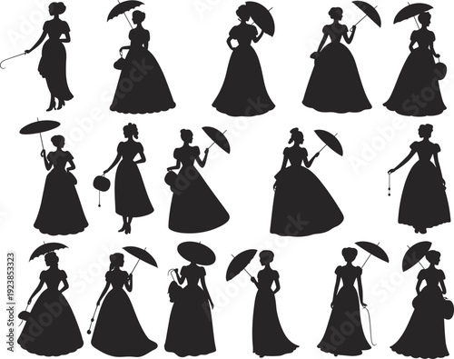 Victorian Women Silhouette Set with Umbrellas and Elegant 19th Century Dresses Vintage Female Fashion Illustration Collection Isolated on White Background