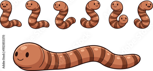 Cute Earthworm Cartoon Vector Illustration Set with Smiling Worm Characters in Different Poses for Kids Educational Design